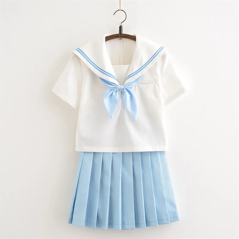 

New Arrive Japanese Harajuku School Uniforms Fashion Navy Style White Short Sleeve Tops+sky Blue Skirt For Women Girls