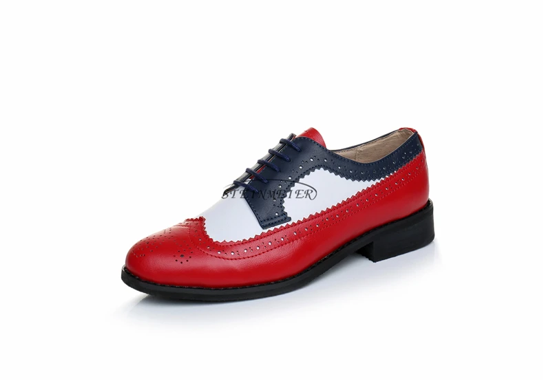 Броги из натуральной коровьей кожи; повседневные дизайнерские винтажные женские туфли на плоской подошве; женские туфли-оксфорды ручной работы; цвет красный, синий, белый; с мехом