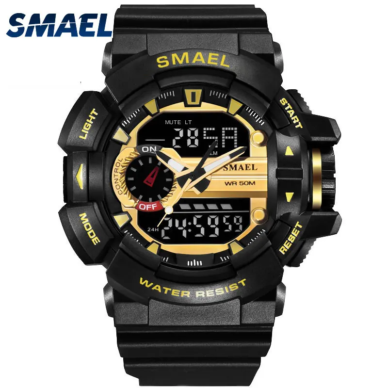 SMAEL Sport Watches Men Black Gold 50m Waterproof Dive Digital Watch