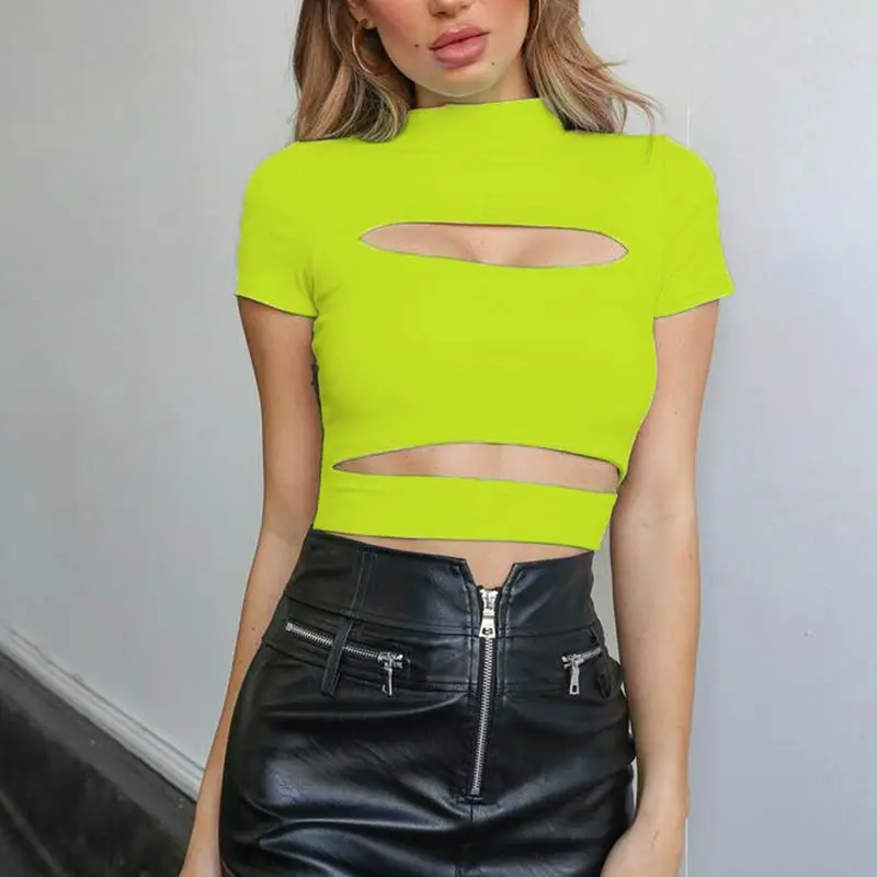 

2019 Summer Women Turtleneck Tight Short Sleeve Tees Solid Color Perspective Splice T-Shirts Casual Lady Extra Short Tops