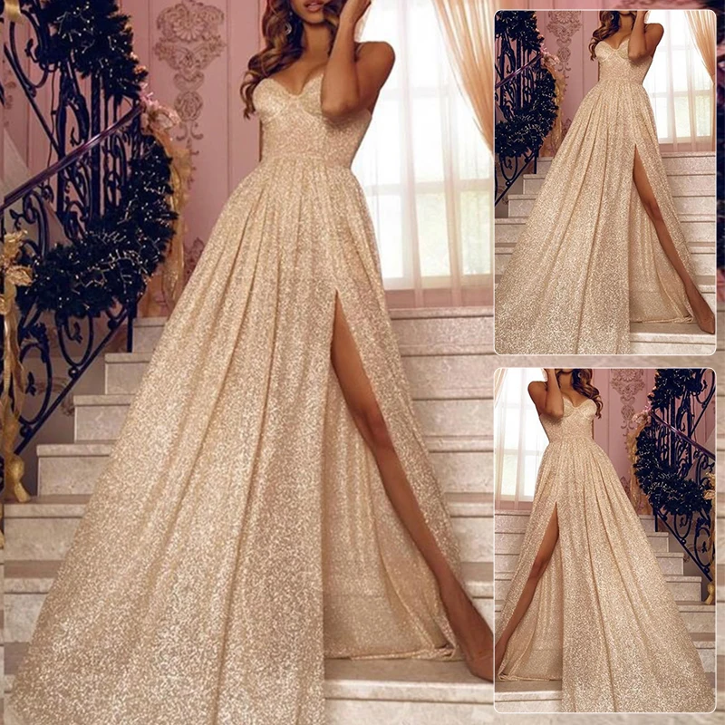 

Strapless Dress. Prom Slit Ball Gown Ladies Dress Apricot Wedding Solid Sexy High Split Dress