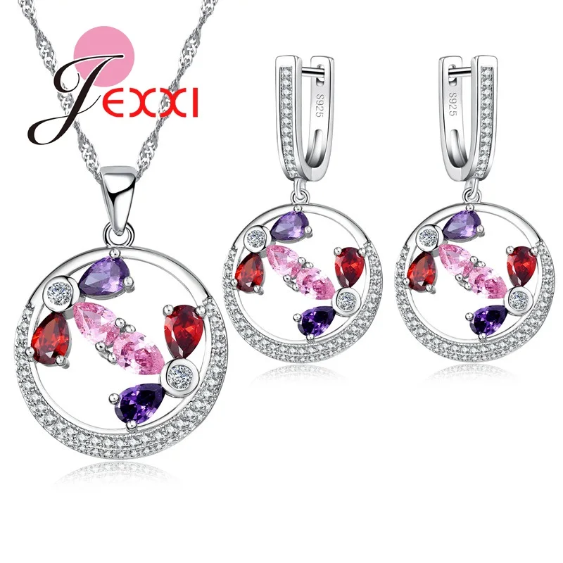 

JEXXI Occident Round Shaped 925 Sterling Silver Jewelry Sets For Women Colorful CZ Crystal Earrings/Pendant/Necklace Set