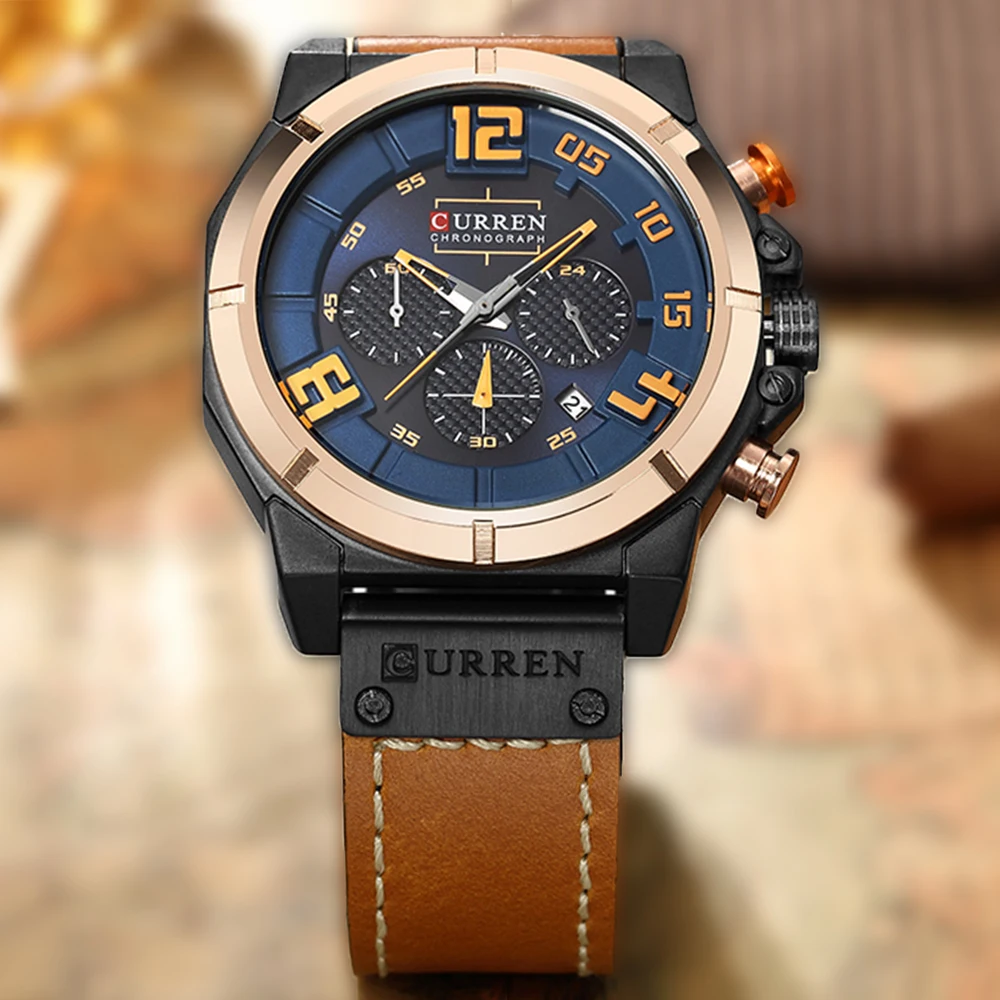 

Curren Top Chronograph Quartz Watches Men Sport Fashion Casual Watch for Men Leather Wristwatches Relogios 8287