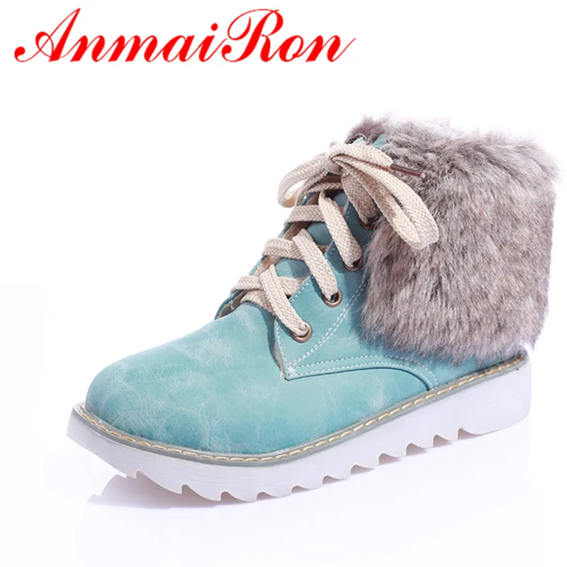 

ANMAIRON New Fashion Flat With Winter Snow Boots for Women Round Toe Lace-Up Shoes Fashion Sexy Charm Shoes Large Size 34-43