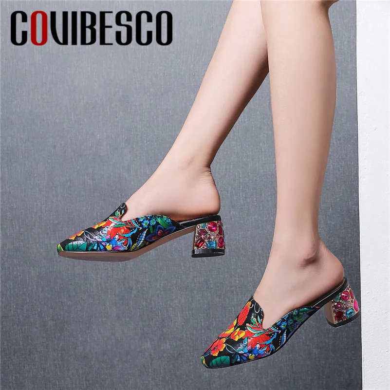

COVIBESCO 2019 Summer Fashion Vintage Print Women Pumps Shallow Slip On Kid Suede Mules Summer Shoes Woman Party Casual Shoes