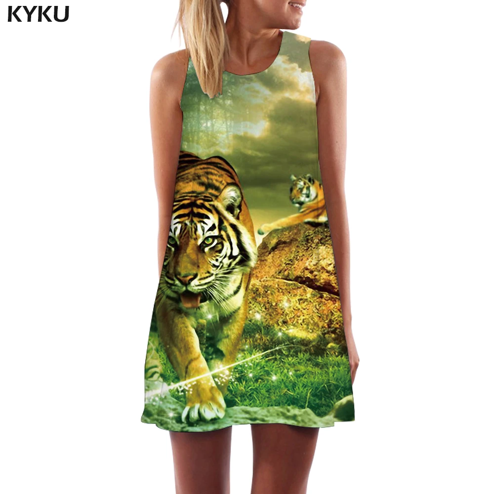 

KYKU Tiger Dress Women Forest Short Animal Office Cloud Korean Style Colorful Ladies Dresses Womens Clothing Vintage