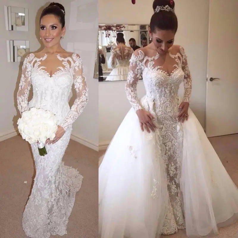 

Romantic Wedding Dress Lace 2019 Mermaid Pearls Beads Long Sleeves with Detachable Train Trumpet Bridal Gown Robe De Mariee