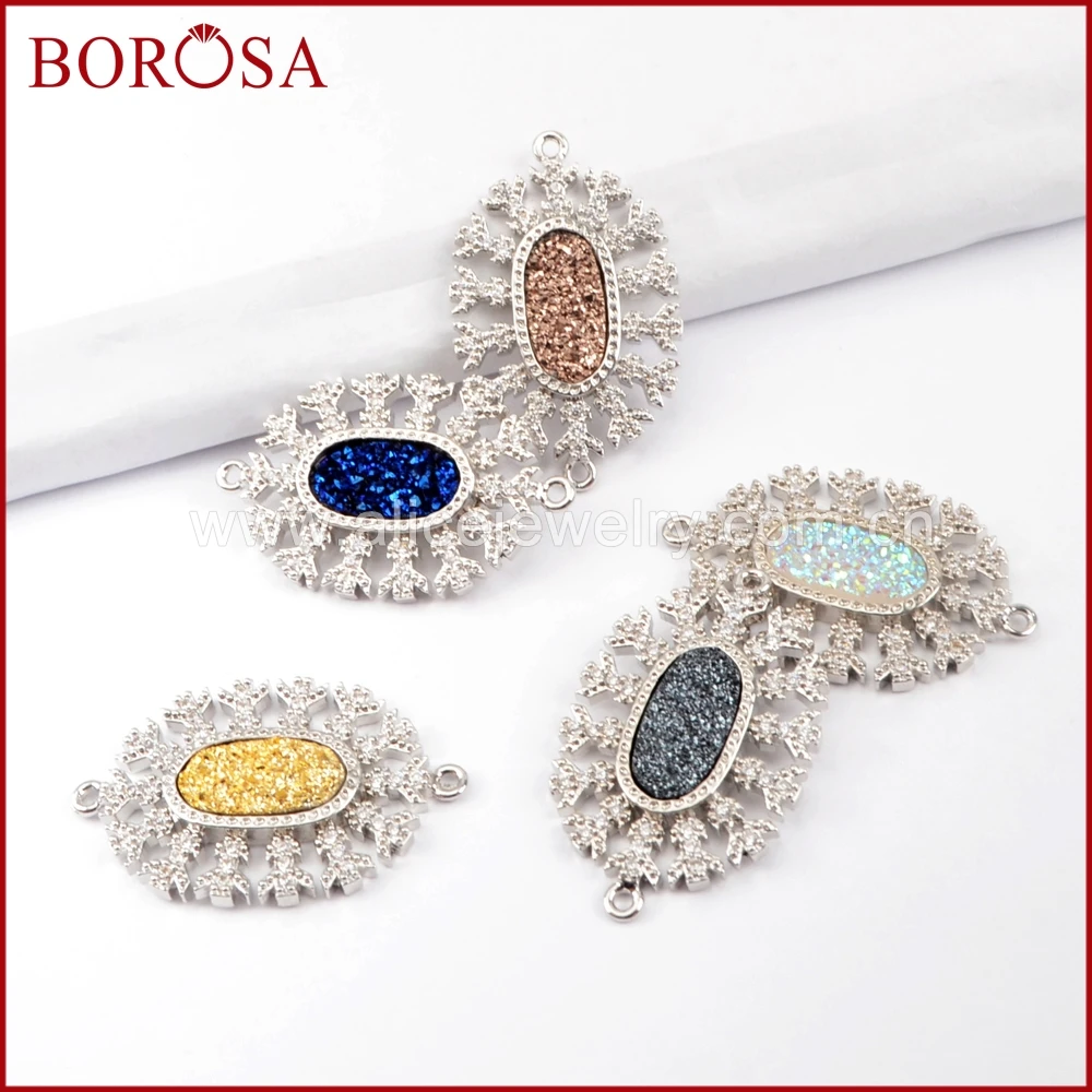 

BOROSA 10PCS High Quality Oval Shape CZ Micro Pave Crystal Manmade Druzy Silver Plated Connector Charms for Bracelet WX885