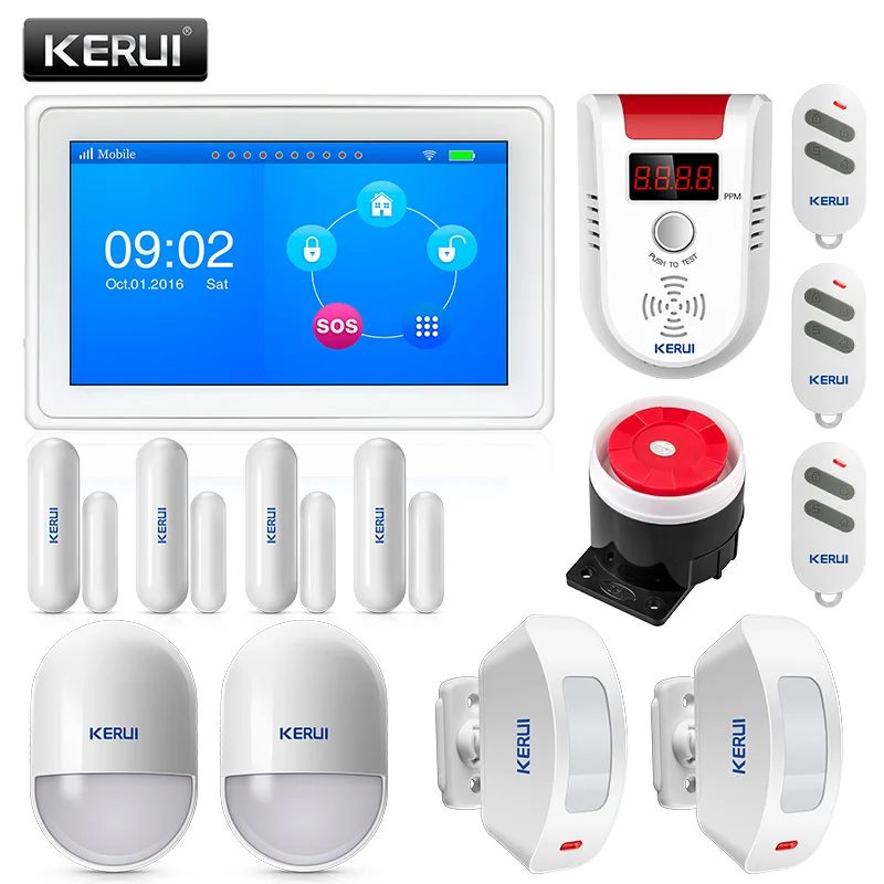 

KERUI K7 7 Inch TFT Color Display WIFI GSM Security Alarm System with Motion and GAS sensor Detector Door Magnet wired Siren