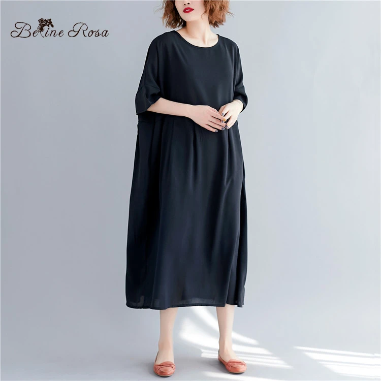 BelineRosa Simple Casual Black Color Dress in Big Sizes High Waist Loose Style Women Dress Cotton Linen Natural CLothesBSDM0250