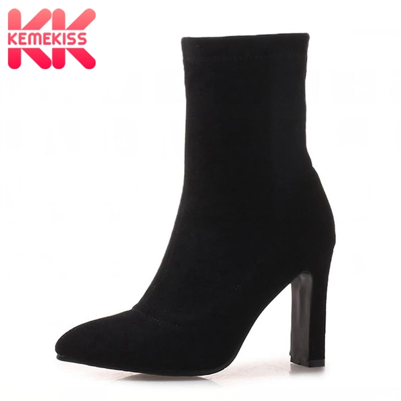 

KemeKiss High Quality Women Mid Calf Boots Point Toe Warm Fur Wedding Winter Shoes Women Thin Heel Office Boots Size 33-43