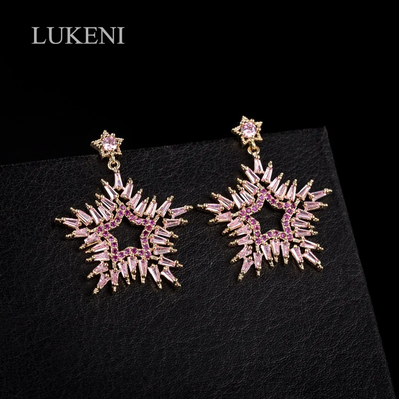 

LUKENI Romantic White/Pink Color Cubic Zircor Three-dimensional Five-Pointed Star Earrings For Women Party Jewelry