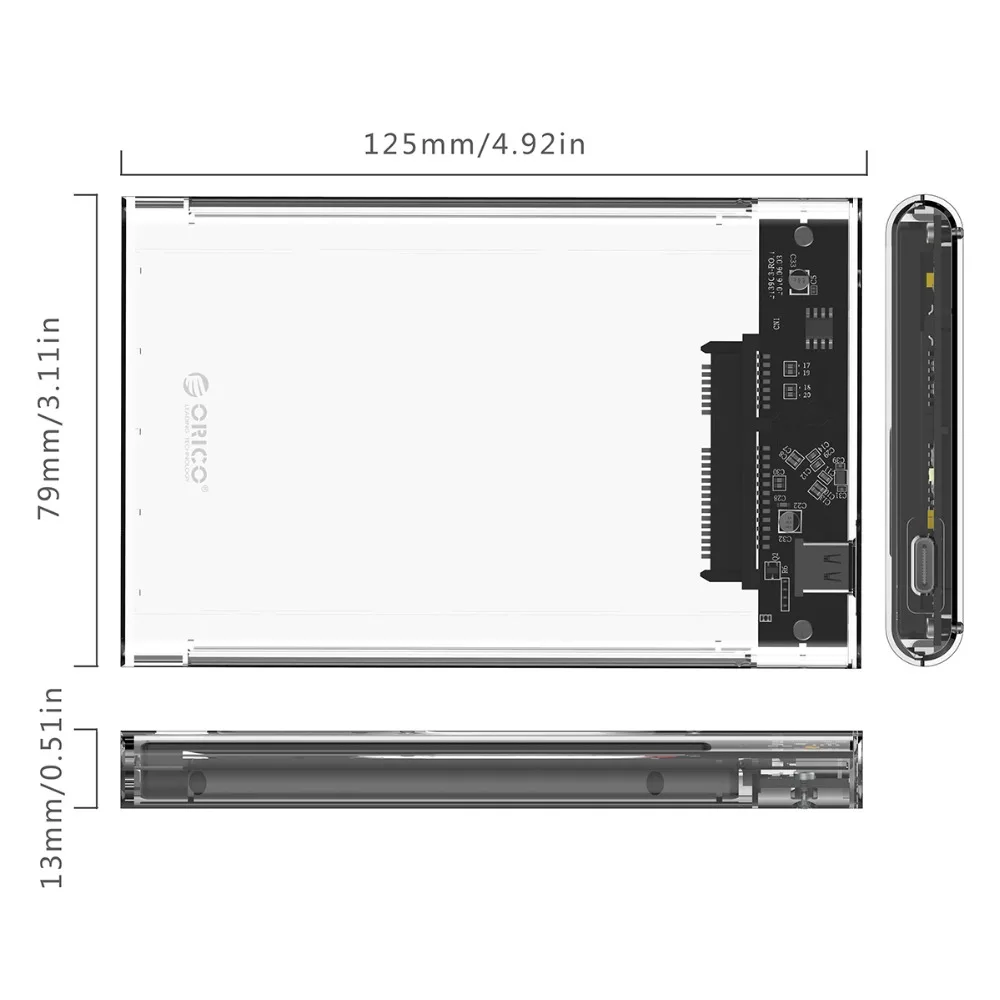 Прозрачный чехол ORICO 2,5 ''SATA для USB C для жесткого диска, 6 Гбит/с, поддержка 4 ТБ, протокол UASP для жесткого диска диаметром 9,5 мм ниже