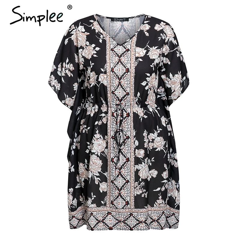Simplee Boho платье с цветочным принтом больших размеров женское летнее короткое платье с длинным рукавом и v-образным вырезом кимоно праздничное повседневное свободное пляжное платье vestidos