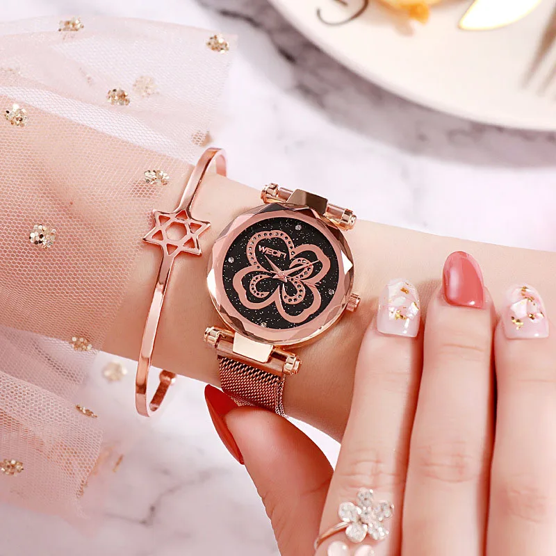 

Best Selling Women Mesh Magnetic Starry Sky Watch Casual Butterfly Luxury Women Geometric Surface Quartz Watch Relogio Feminino
