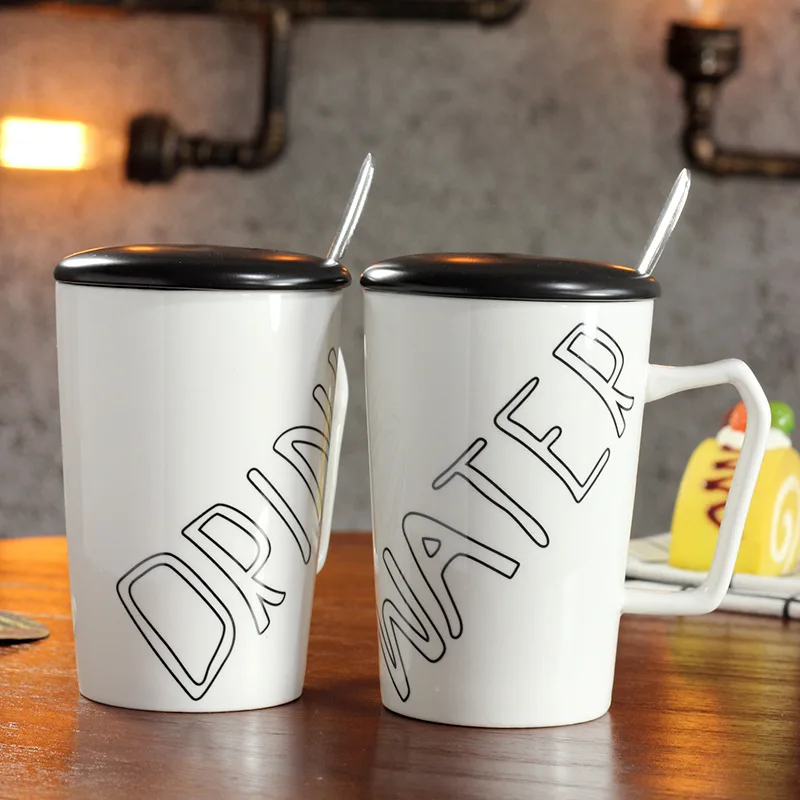 

English Alphabet Ceramic Cup with Lid with Spoon Mug Simple Creative Coffee Cup Breakfast Cup Milk Cup Travel Mug Self Stirring