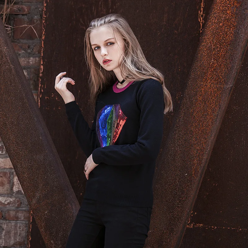 Western Style Thin Sweaters Women Round Collar Long-sleeved Sequins Wearing A Bottom Knitted Velvet Black Sweater Women 2019