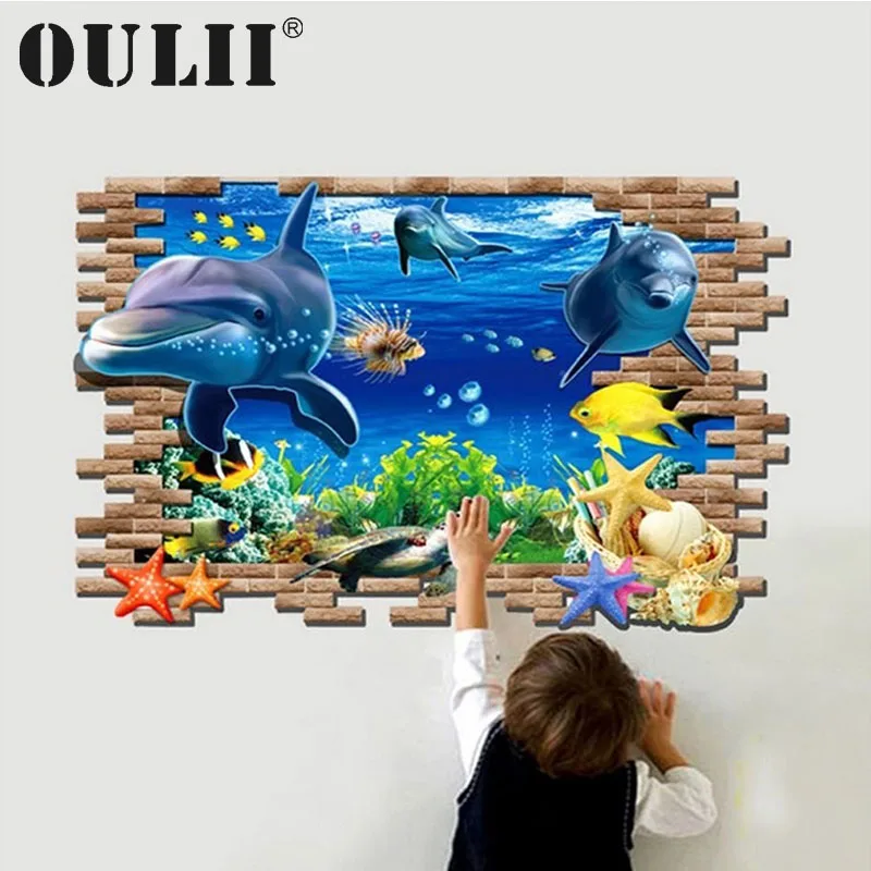 OULII 3D Blue Ocean Wall Sticker Mural Decal for Kid Baby Bedroom DIY