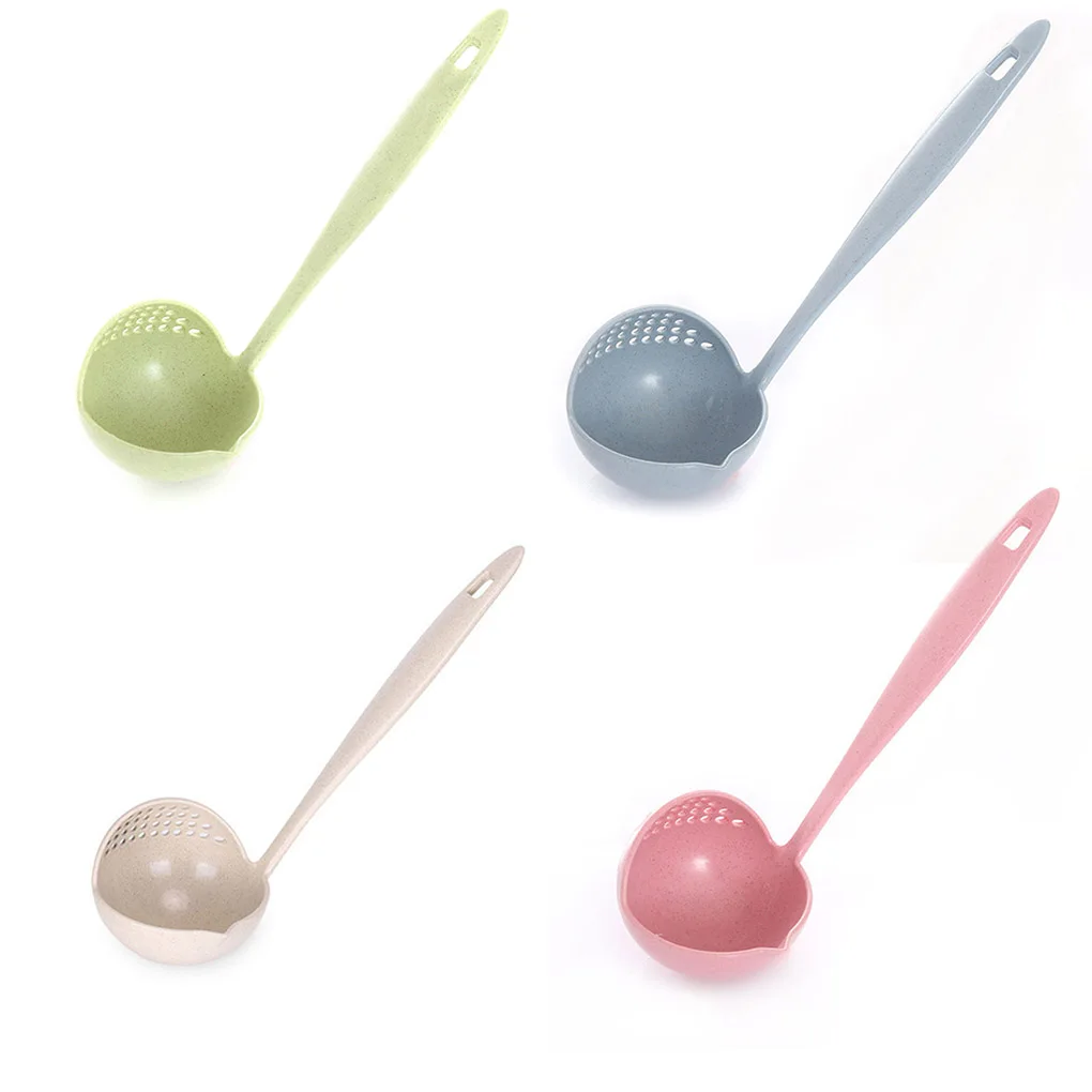 

Hot 2 in 1 Soup Spoon Long Handle Home Strainer Cooking Colander Kitchen Scoop Wheat Straw Tableware