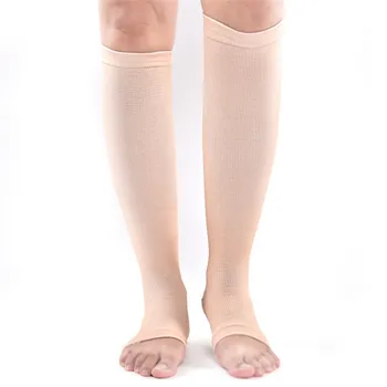 

High quality Hot 1Pair 42cm Nylon Elastic Toeless Compression Stockings Support Knee High Tip Open