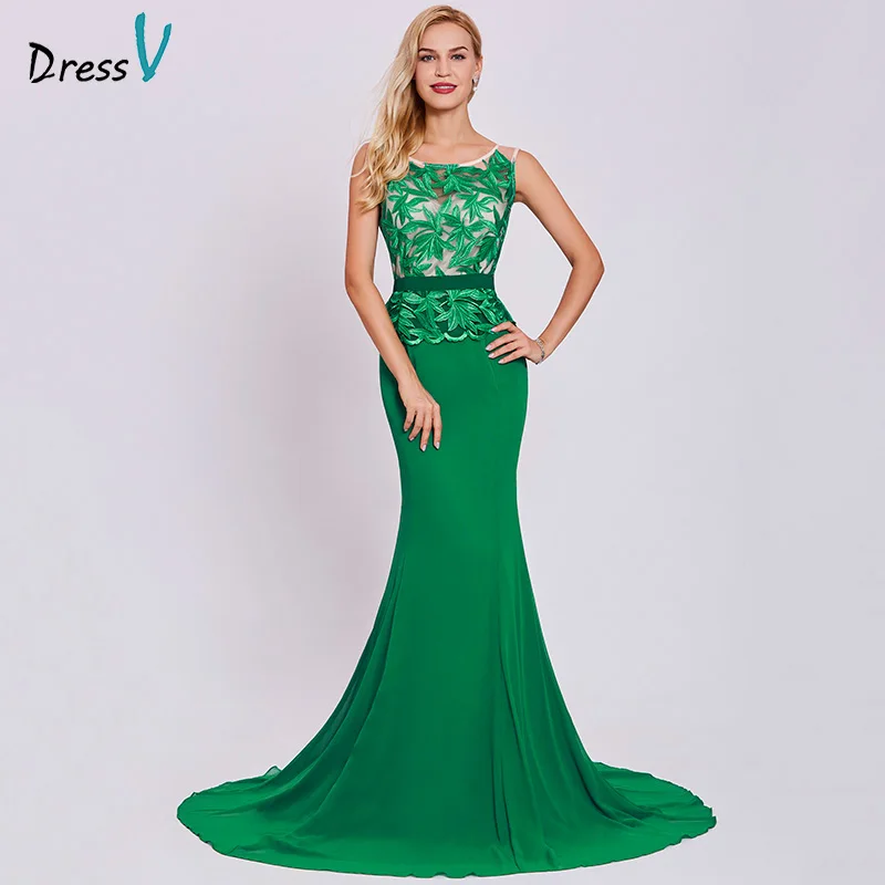 Длинное темно-зеленое вечернее платье Dressv Дешевое с глубоким вырезом и вышивкой