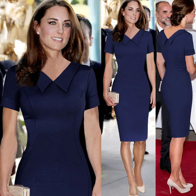 Elegant Kate Middleton Dress Solid Formal Office Turn Down Collar Short ...