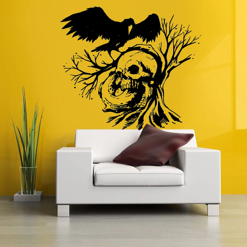 DCTAL Skull Halloween Tree Crow Sticker Punk Death Decal Devil Poster Name Car Window Art Wall Decals Parede Decor Mural
