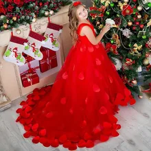 Красная Аппликация, платье с цветочным узором для девочек, винтажное свадебное платье, праздничные на заказ, бальное платье-пачка принцессы, детская юбка