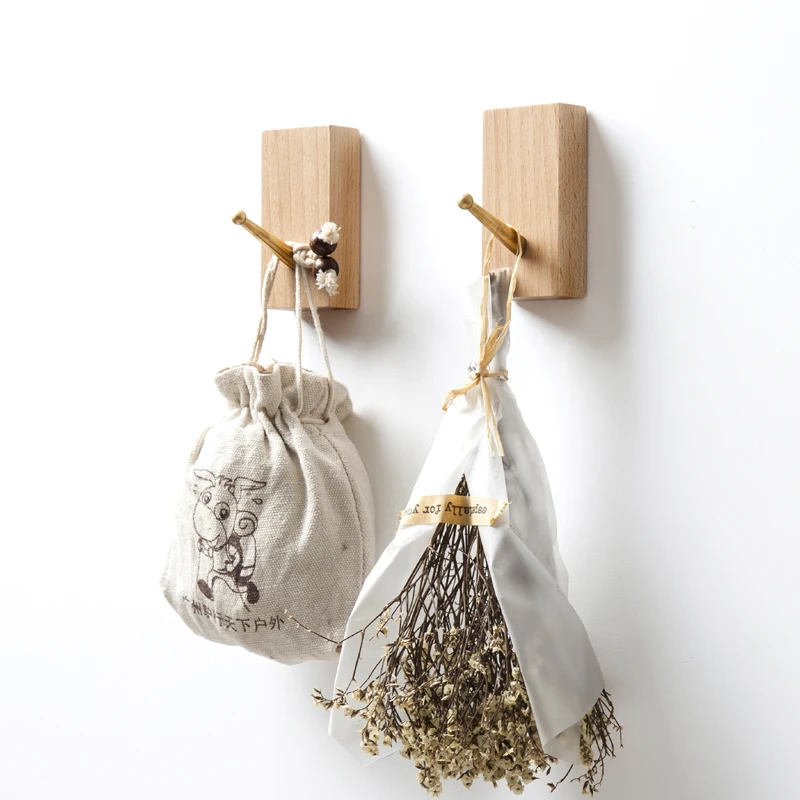 Brass Hook Solid Wood Hat Hook Creative Wall Hanging Single Hook Wood Wall Hanging Clothes Hook Free of Perforation and Wall Hoo