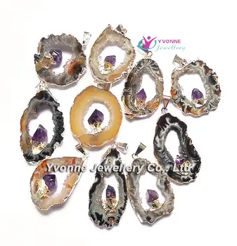 

YA0046 Natural Geode Agat with amethys Pendant silver Free shipping