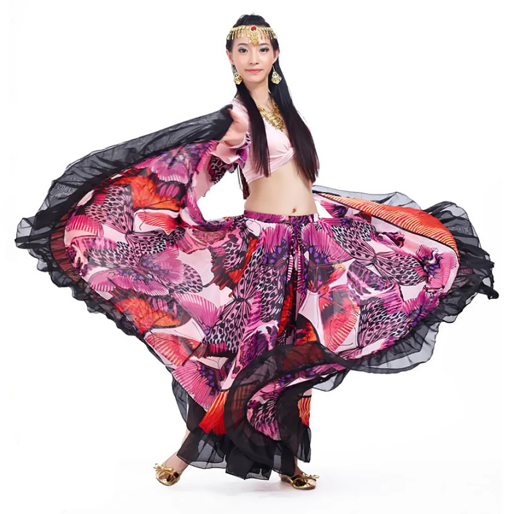 Tribal Gypsy Stijl Flamenco Buikdans Kostuum Set Voor Vrouwen Chiffon Top En Vlinder Print Swing Maxi Rok Tribal Gypsy Stijl Flamenco Buikdans Kostuum Set Voor Vrouwen Chiffon Top En Vlinder Print Swing Maxi Rok