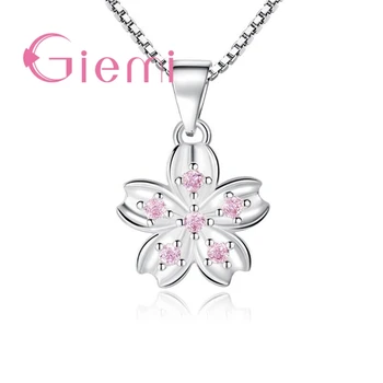 

High Quality Korean Flowers Five Petals Design Pink Clear CZ 925 Sterling Silver Women Bridal Wedding Pendant Necklace