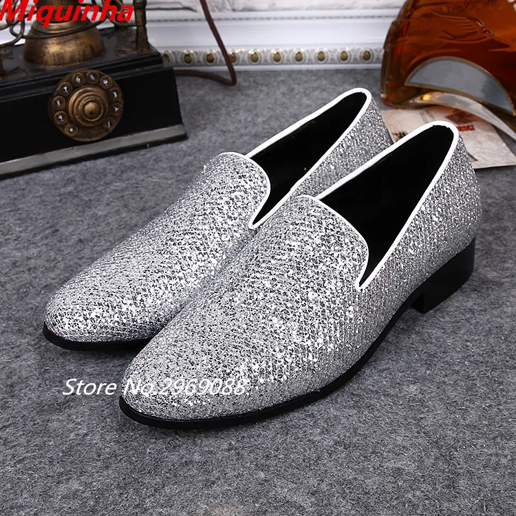 Fashion Silver Sequin Mens Dress Driving Shoes Wedding Party
