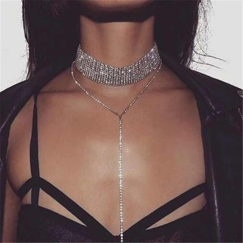 

Fashion Women Popular Micro Pave Rhinestone Iced Out Bling Jewelry Neck multi-layer Necklace Full Long Necklaces Dropshipping