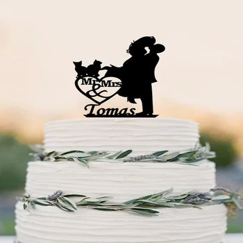 

Wedding Cake Topper Silhouette Couple Mr & Mrs Personalized with Last Name and Two Cats, Acrylic Cake Topper