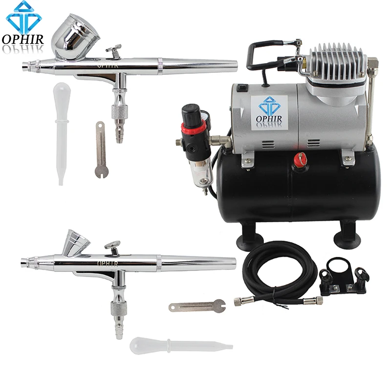 OPHIR 2-Dual Action Airbrush Kit with Air Tank Compressor for Nail Art Makeup Cosmetic Body Paint Air Brush Gun_AC090+004A+073 OPHIR 2-Dual Action Airbrush Kit with Air Tank Compressor for Nail Art Makeup Cosmetic Body Paint Air Brush Gun_AC090+004A+073