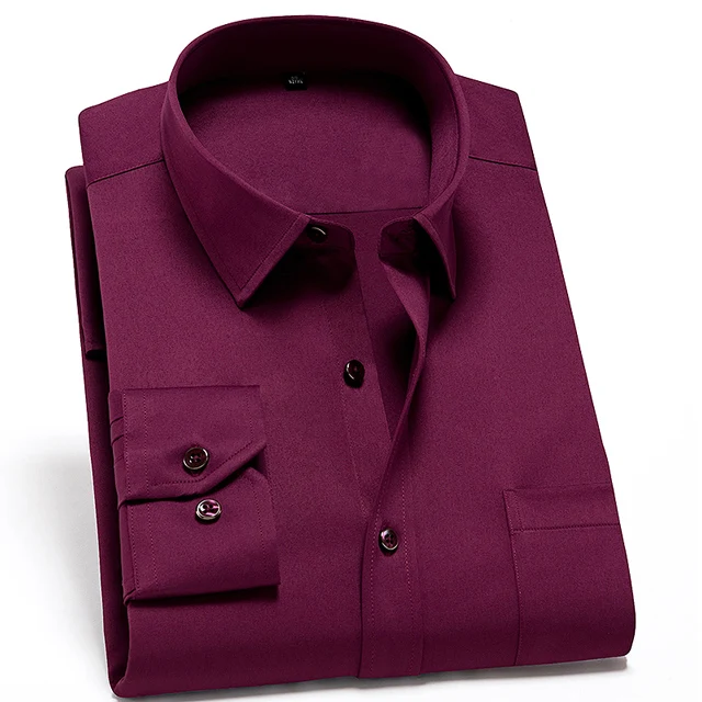 Мужская классическая стандартная стрейчевая рубашка с одним накладным карманом, тонкая формальная деловая однотонная белая Базовая рубашка с длинным рукавом - Цвет: Burgundy