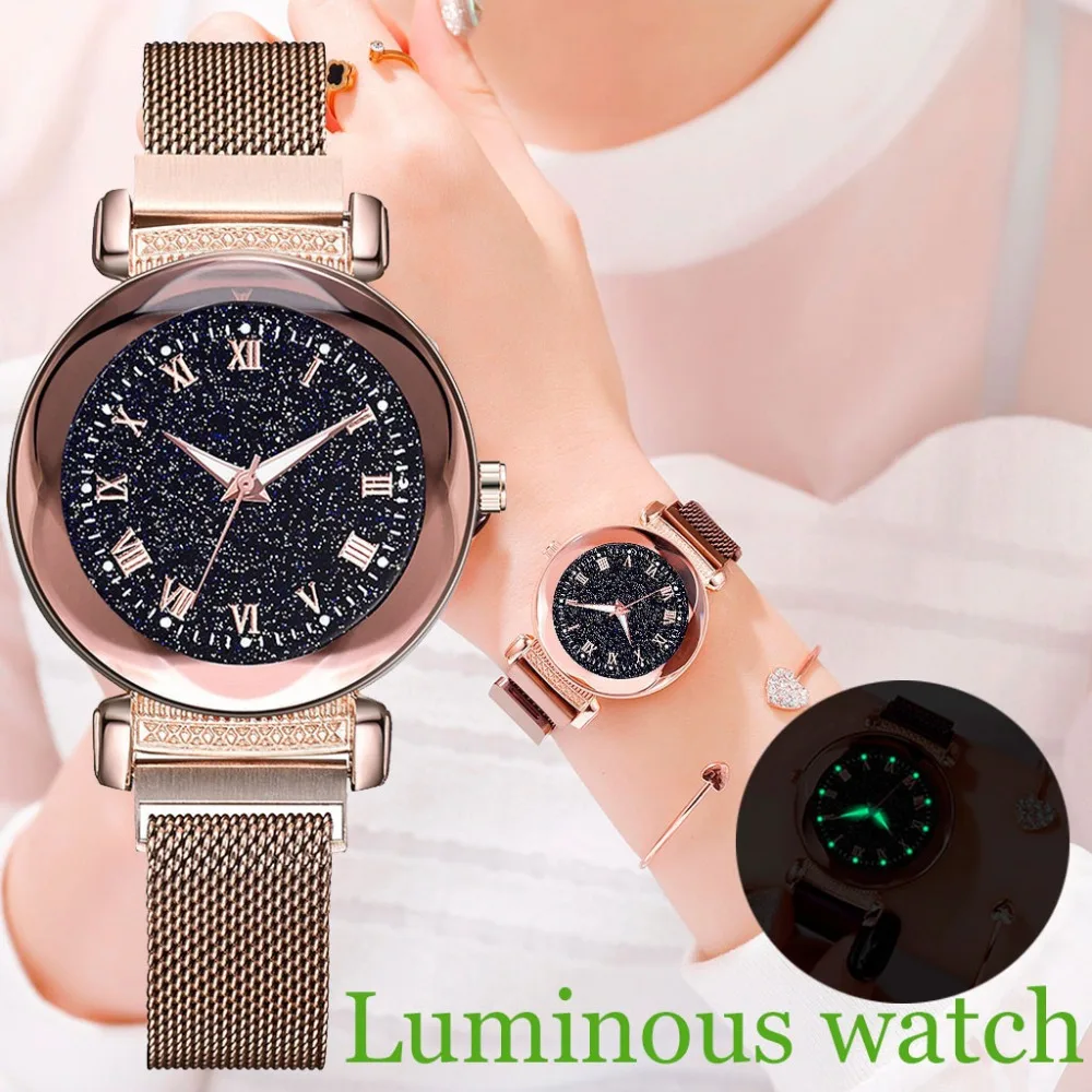 Фото Модные Серебристые часы со звездным небом женские кварцевые с мозаикой из страз