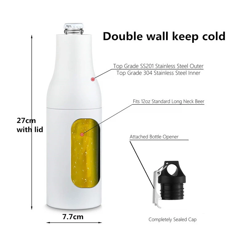 New 12oz Stainless Steel Beer Bottle Insulator Original Double Wall Vacuum Beer Cooler with Opener Beer Bottle Holder Keep Cold