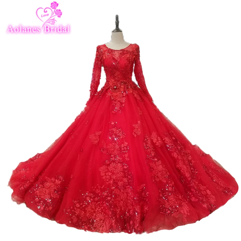 Red Lace Tulle Crystals Prom Dresses 2018 Long Sleeves O Neck Sequins Sexy Princess Gowns Formal Party | Свадьбы и торжества