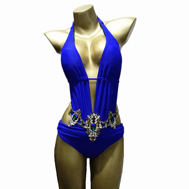 

2019 Sexy One-Piece Suits Backless Deep v Neck Rhinestone Swimsuit Diamond Luxury Swimwear Women Crystal Bodysuit Bathing Suit