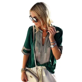 

Vintage V Neck Patchwork Embroidery Blouse for Women Cute Ladies Bohemian Embroidered Stand Collar Top Blouses Plus Size