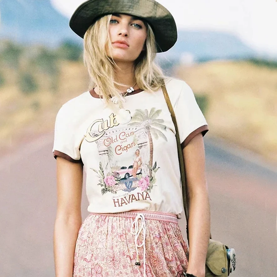 

KHALEE YOSE Graphic Vintage T Shirts Women Summer Short Sleeve Cotton Tee Tshirt Tops Hippie Gypsy Chic Casual Shirt Top Femme