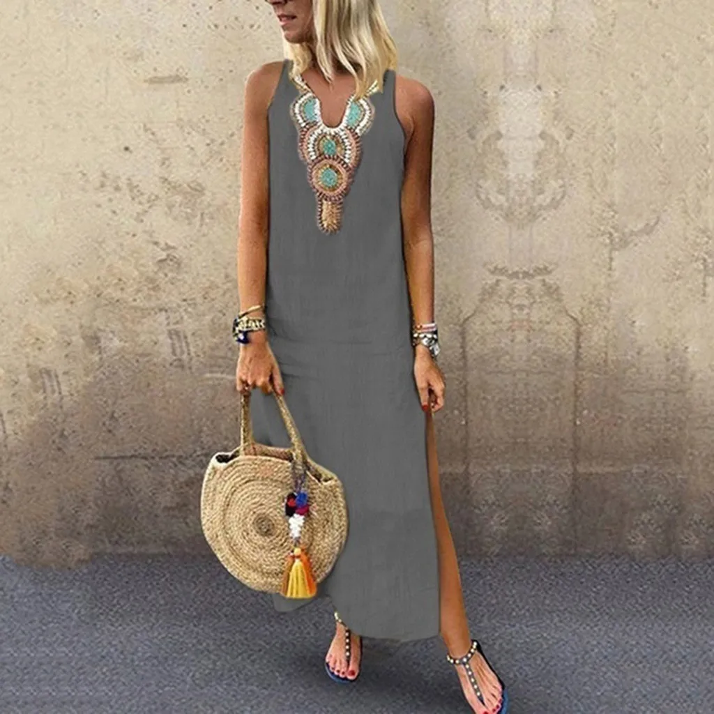 

Women Dress Bohemia Printed Sleeveless V-neck Maxi Dress Split Hem Baggy Kaftan Long Dress Girls Summer Beach Soft Dresses