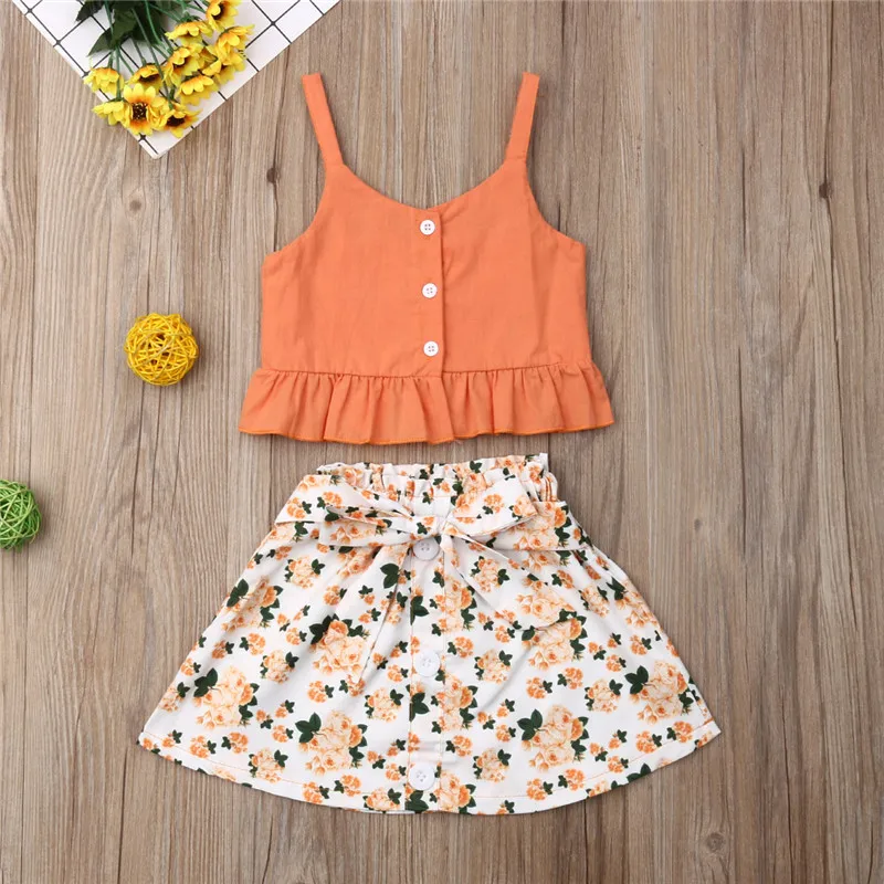 Новое поступление, летний комплект из 2 предметов, одежда для маленьких девочек однотонная оранжевая жилетка без рукавов на пуговицах топы, юбка с цветочным принтом на шнуровке 1-6Y
