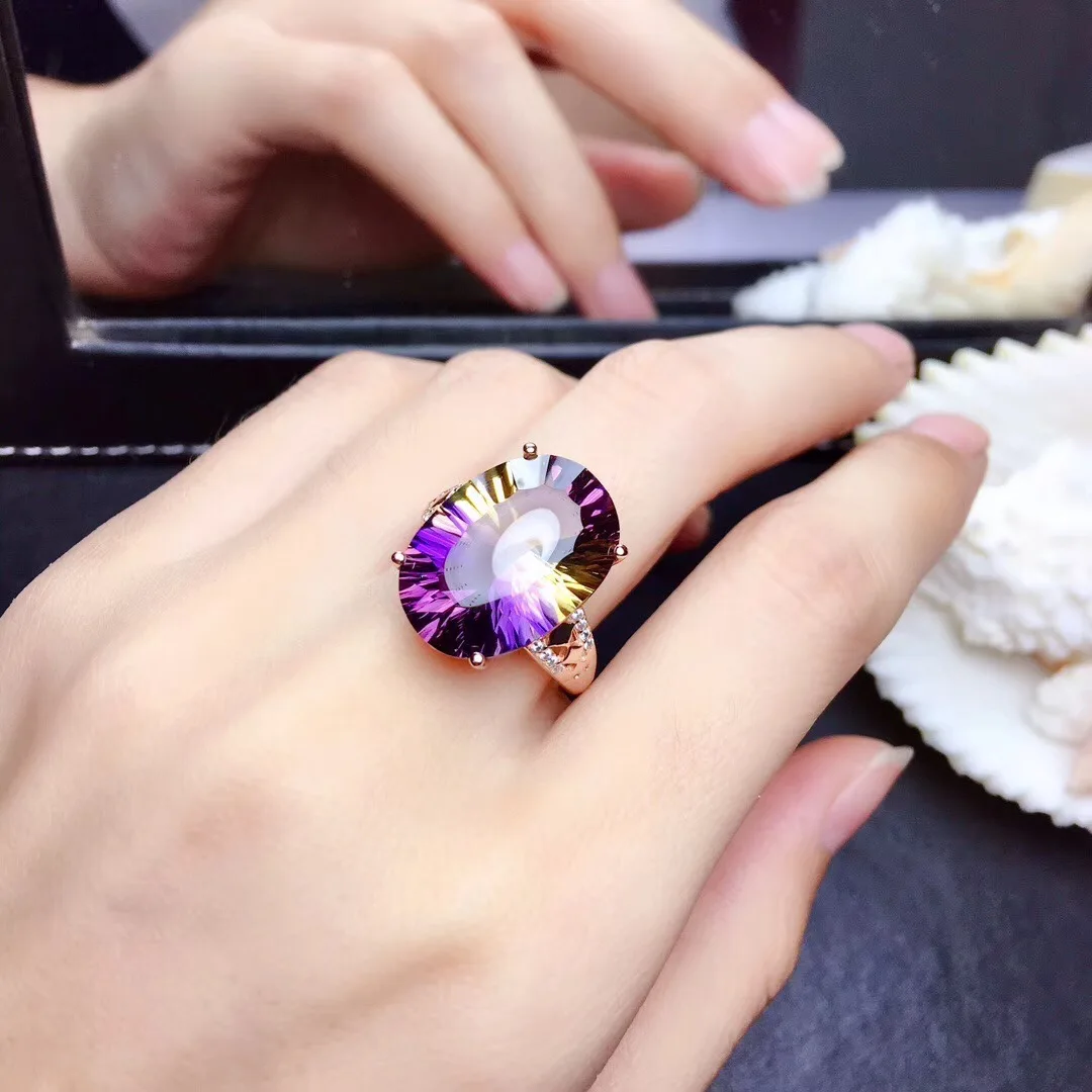 Яркое фиолетовое желтое кольцо с аметрином ожерелье набор украшений для женщин 925 серебро натуральный драгоценный камень большой размер подарок на день рождения