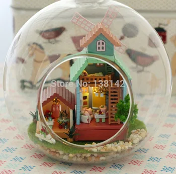 

B007 Wind fantasy handmade Miniature vacation house dollhouse led light doll house in Glass ball diy toys free shipping