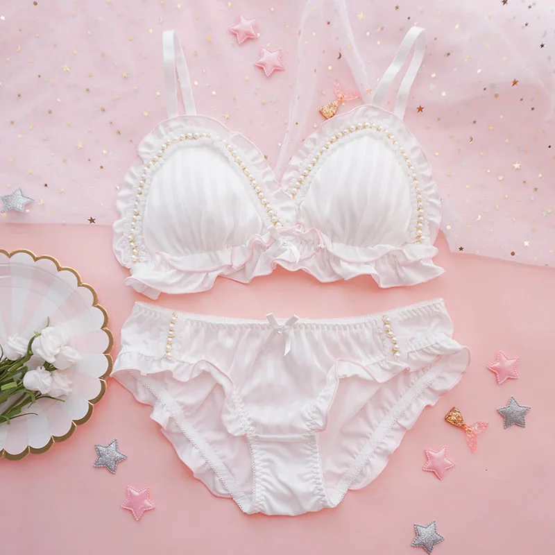 

Young Girls Kawaii Sweet Lolita Pearl Bow Ruffle White Sleep Underwear Lingerie Set Japanese Bra & Panties Set Intimates Set