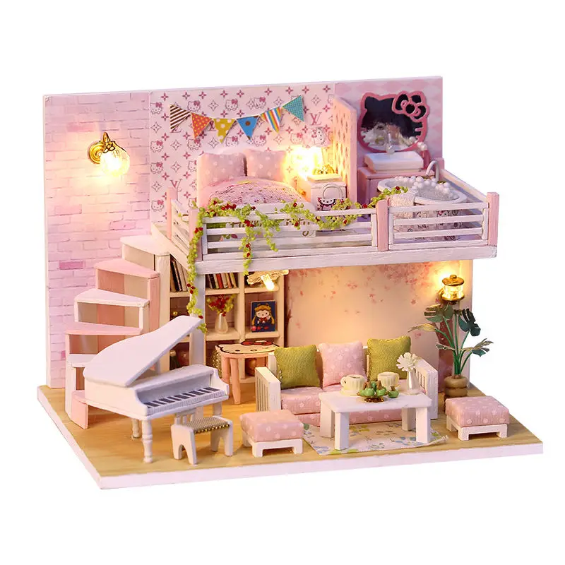 DIY LED Sea-view Dollhouse Miniature Wooden Furniture Kit Doll House Gifts