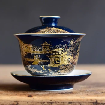 

blue sketch gaiwan porcelain blue glaze China cup bowl saucer Chinese tureen ceramic kungfu tea set tea bowls lid on sales